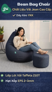 Ghế sofa lười hạt xốp 3II HOME kèm đôn gác chân jean xanh navy size M L XL ngồi êm ái giữ form bền đẹp dùng cho phòng khách phòng ngủ góc chill