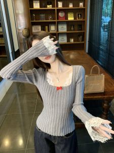 GUZILIAN | Pure Desire Lace Splice Square Collar Knitted Sweater Womens Short Style Sweet And Spicy Girl Inner Shirt Autumn Winter Slim Fit