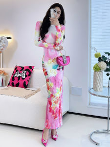 Elegant French Style Long Sleeve Floral Dress Womens Slimming Gown Fashionable Age-Defying Stylish Skirt for Autumn Season