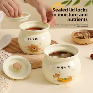 MONLEYTA | Large Capacity Ceramic Soup Pot With Lid For One Person Porridge Egg Soup Cooking Utensil Home Use Traditional Chinese Style