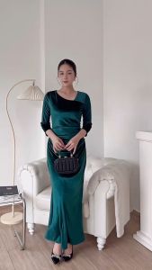 Đầm nhung đuôi cá DA022 nhíu eo đính ngọc trai cổ lệch đi tiệc sang trọng- Khánh Linh style