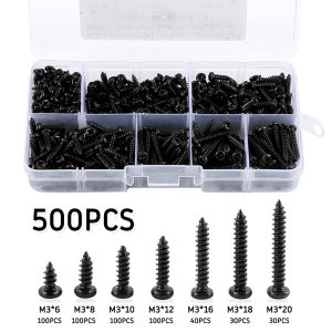 500/280Pcs M3/M4 Screws Black Self Tapping Screws Pan Head Cross Self Drilling Wood Screw Assortment Kit Carbon Steel Screws