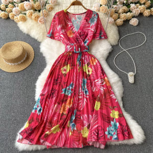 Super Fairy Seaside Holiday V-neck Floral Dress Womens Summer New Arrival Shoelace Waist-Controlled Large Hem Pleated Fairy Skirt