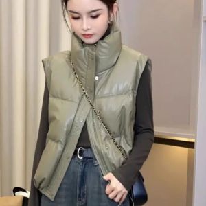 เสื้อกั๊กขนเป็ดแขนกุดสไตล์เกาหลีสำหรับผู้หญิง ฤดูใบไม้ร่วง/ฤดูหนาว ทรงหลวม คอตั้ง ปกติ อบอุ่น เสื้อคลุมกันหนาวแบบมีซิป