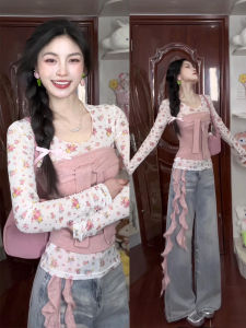 XIANGBAIWEI | Korean Style Sweet Flower Genuine 2-in-1 Waist-Cinching Tied Slim Fit Long Sleeve T-Shirt for Spring