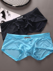 กางเกงบ็อกเซอร์ชายเอวต่ำเซ็กซี่สีพื้นผ้าไหมน้ำแข็ง กางเกงบ็อกเซอร์ชายทรงบ็อกเซอร์เอวกลาง ผ้าไนลอน ไร้ตะเข็บ 2 ตัว