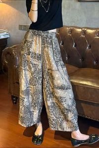 กางเกงขายาวทรงหลวมพิมพ์ลายย้อนยุคสำหรับผู้หญิงไซส์ใหญ่ ทรงหลวม ทรงหลวม กางเกงขายาวทรงสลิมฟิต ทรงหลวม ทรงหลวม