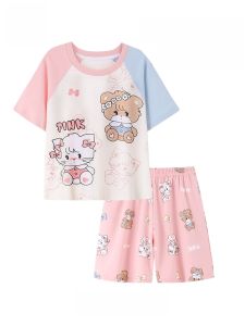 MiiOW | Pure Cotton Summer Thin Home Clothes Set For Girls Children Sleepwear Short Sleeve Round Neck Comfortable Breathable Short Pants