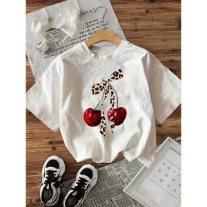 Leopard Bow Cherry Print T-Shirt Retro Y2K Fruit Graphic Tee Women’s Casual Crew Neck Short Sleeve Top for Daily Wear