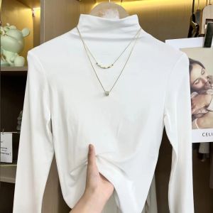 เสื้อยืดคอตั้งทรงสลิมฟิตสีพื้นสไตล์เกาหลีสำหรับฤดูใบไม้ร่วง/ฤดูหนาว เสื้อชั้นในคอกลมแขนยาว ทรงสลิมฟิต เสื้อชั้นในสุดเก๋