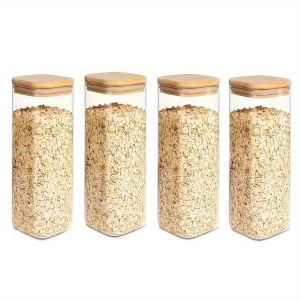 2/4 Pieces 540Ml/1000Ml Glass Food Storage Jars with Bamboo Lids Transparent Square Sealed Kitchen Storage Container Set Stackable Glass Food Storage Jars Suitable for Kitchen Countertops Candy Cookies Rice Grains