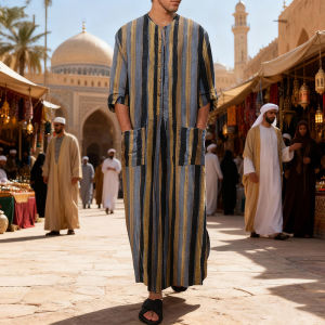 Men Muslim Qamis Striped Robe Long Sleeve New Casual Islamic Attire Spring Summer Cotton Polyester Blend Lightweight L-5XL