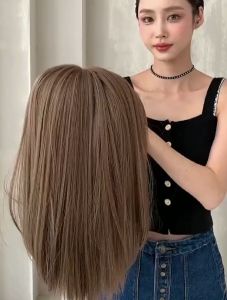 Womens middle parted bangs wig long natural clavicle straight hair wig 50CM