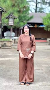 Đồ lam đi chùa nữ pháp phục đi chùa chất lụa chéo ý cao cấp Thiên Di quần áo đi chùa thêu sen D20