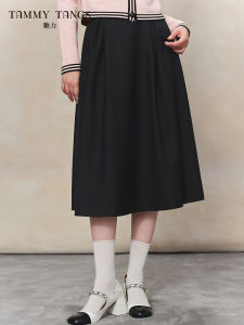 Elegant High Waist A-Line Midi Skirt for Women Black Suit Style Half-length Slimming Umbrella Skirt Polyester Viscose Blend