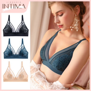 INTIMA บราลูกไม้บางพิเศษสำหรับผู้หญิงชุดชั้นในไร้สายบราบราไร้รอยต่อบราบราดันทรงสามเหลี่ยมฝรั่งเศสทรงคัพชุดชั้นในไร้รอยต่อสำหรับงานหน้าอกใหญ่ขนาดพิเศษ