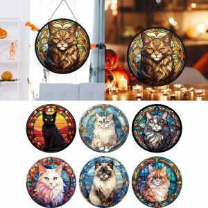 Round Cat Theme Acrylic Panel Pendant Living Room Window Suncather Inch with Chain Stained Glass Cute Hangings Retro Decoration