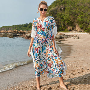 New Color Block Long Dress Loose Beachwear Womens Bikini Cover up Swimming Suit Outerwear Elegant Casual Summer Gown
