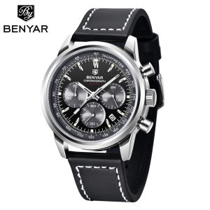 BENYAR Original Men Quartz Watches Soprts Chronograph Stainless Steel Waterproof Wristwatch Fashion Genuine Leather Luminous Watch For Men