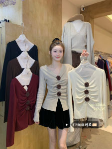 French Style Long Sleeve T-Shirt Womens Winter Thin Knitted Slim Fit Split Cardigan Beautiful Personality Top Casual Style