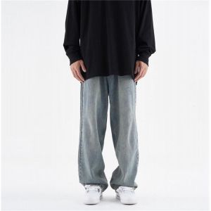 Retro Faded Denim Jeans Oversize Loose Wide Leg Pants Mens Casual Straight Cut Antimicrobial Water Washed Jeans for Teens