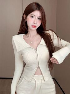 GUZILIAN | Fashionable Sporty Womens Outfit Zipper Collar Knitted Top High Waist Wide Leg Pants Two Piece Set Elegant Commute Korean Style