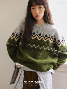 Oldtimes Geometric Pattern สีดำ Dot สองด้าน งานปัก คอกลม เสื้อสเวตเตอร์ Nordic Fantasy W5861 ผู้หญิง หลวม Fit เสื้อผ้าถัก