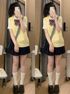 เสื้อกั๊กสเวตเตอร์ถักแขนกุดคอวีสีพื้นสำหรับใส่ในฤดูใบไม้ร่วงและฤดูหนาว เสื้อชั้นในสีเหลืองสำหรับผู้หญิง ความยาวปกติ แขนกุด คอวี