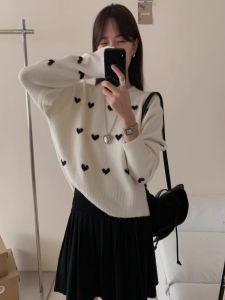 Loose Fit round Neck Long Sleeve Knitted Sweater Womens Lazy Style Casual Comfortable Base Layer Heart Shaped Design Top
