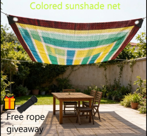 Colored sunshade net with enhanced density and thickness heat-resistant anti-aging hemmed and perforated featuring blue white green and white striped patterns.