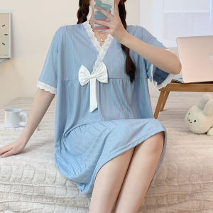 Pure Cotton Short Sleeve Sleep Dress Womens Summer Casual Sweet Princess Style Mid-length Casual Home Clothes V-neck