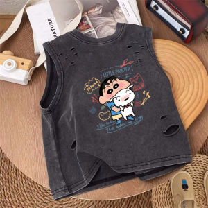 Pure Cotton Baby Boy Sleeveless T-Shirt Summer Wear Washed Vintage Vest Street Style Clothes for Kids Cartoon Print Loose Fit