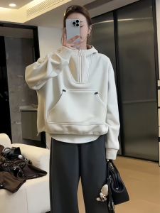 เสื้อสเวตเตอร์มีฮู้ดสีขาว ทรงหลวม แขนยาว ปกตั้ง สำหรับผู้หญิง ฤดูใบไม้ร่วง/ฤดูหนาว 2025 แฟชั่น เสื้อคลุมกันหนาวแบบหนา ขนแกะ ขนสัตว์ ขนสัตว์