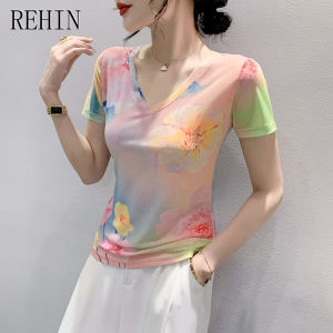 REHIN Summer Fashion Mesh Floral Printed Short Sleeve T-shirt V-neck Slimming Trendy Elegant Womens Top