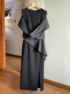 Elegant Black High Waist Bodycon Dress Stylish Autumn High Quality Womens Dress Skirt OL Style with Belt And Flounce Hem