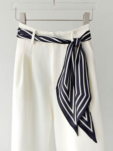 XUANXUAN | เข็มขัดผ้าไหมลายทางสีดำและสีขาวสำหรับผู้หญิง เข็มขัดแฟชั่นฤดูร้อนแบบบาง สายรัดเอว ผ้าฝ้ายโพลีเอสเตอร์ ทรงยาว 145 ซม.