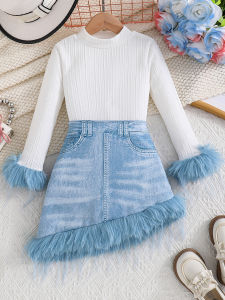 Spring and Autumn 2-piece set for girls: knitted crew neck long sleeve top   blue denim-style asymmetrical skirt