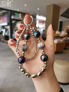 Zengre Vintage Silver Beaded Mobile Phone Chain Handmade Fashionable Womens Phone Strap Handheld Colorful Electroplated round Bead Pendant Shell Decorative Loss Prevention