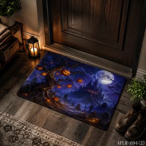 VIKAMA Spooky Glow-in-the-Dark Pumpkin Doormat Non-Slip and Easy-to-Clean Welcome Mat Halloween Indoor/Outdoor Entryway Rug