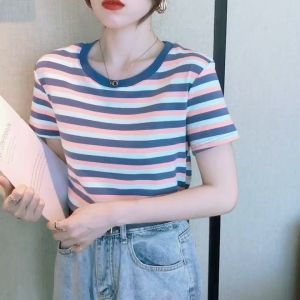 ⚡Port⚡2025 new Striped Short Sleeved T-shirt Women Round Neck Slim Sitting Top Student T-shirt