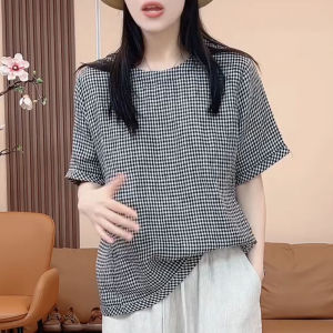 UYFY | Summer Plaid Short Sleeve T-Shirt Womens Loose Casual Slimming Commute Top Fashionable Versatile Korean Style Round Neck
