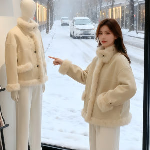 Shalldoer | Stylish Light Yellow Lamb Fur Thick Coat