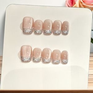 10 ชิ้น【ชาเย็น】เล็บปลอมแบบกดติด ทำมือ สไตล์ฝรั่งเศส เรียบหรู ประกายมุก ลายตาแมว แบบสั้น