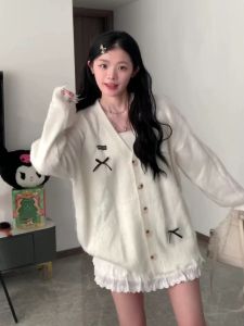 Stylish Bows V-neck Cardigan Knitwear Spring and Autumn Top Sweater Outwear All-Matching Graceful Lazy Style Top