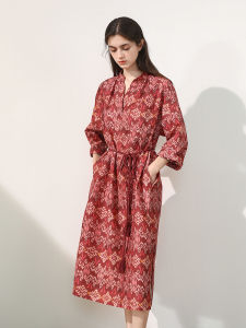 Miccbeirn | Silk Cotton Floral Print Vintage Dress V-Neck Slimming Waist Holiday Knee-Length Midi Skirt A-Line Simple Style Commute Dress