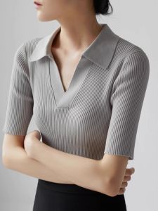 HUOLISI | French Style Black Collared Short Sleeve Knit Ice Silk T-Shirt