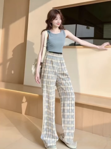 Celana Panjang Wanita Korean Style - Tartan Kotak-Kotak High Waist | Bahan Linen Ringan & Adem