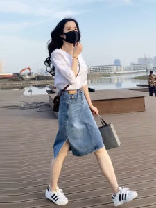 กระโปรงยีนส์ทรงเอเอวสูง ยาวปานกลาง สำหรับผู้หญิง ฤดูร้อนปี 2025 ดีไซน์ใหม่ คลุมสะโพก กระโปรงทรงเอเข้ารูป กระโปรงสั้น