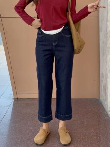 GHAOEHS กางเกงยีนส์กระบอกตรง สีน้ำเงินเข้ม ไซส์ใหญ่สำหรับสาวอวบ กางเกงเก้าส่วนเอวสูงดูผอม ยืดหยุ่น เลือกง่าย