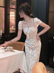 Elegant Lace Dress Summer White Square Collar French Style Mini Dress Lightweight Veil Maid of Honor Engagement Birthday Mini Dress